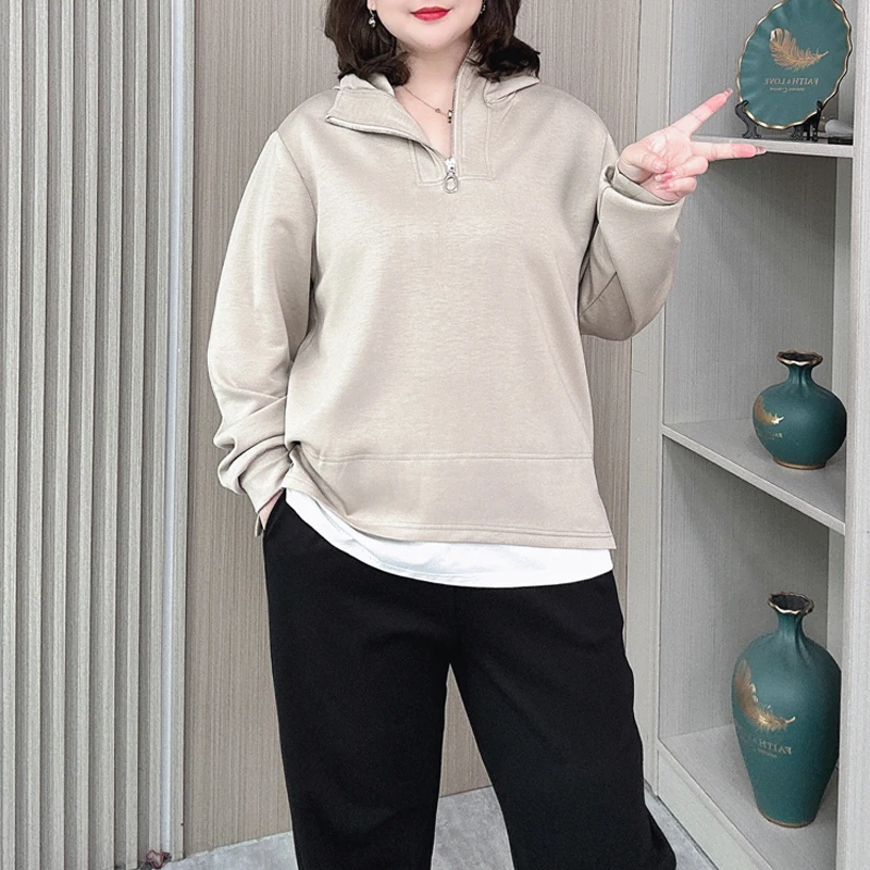 Spring/Autumn New Casual Hoodie Women XL Loose Scuba Knitting Fabric Fake Two Pieces Long Sleeve Hooded Sweatshirts 6382