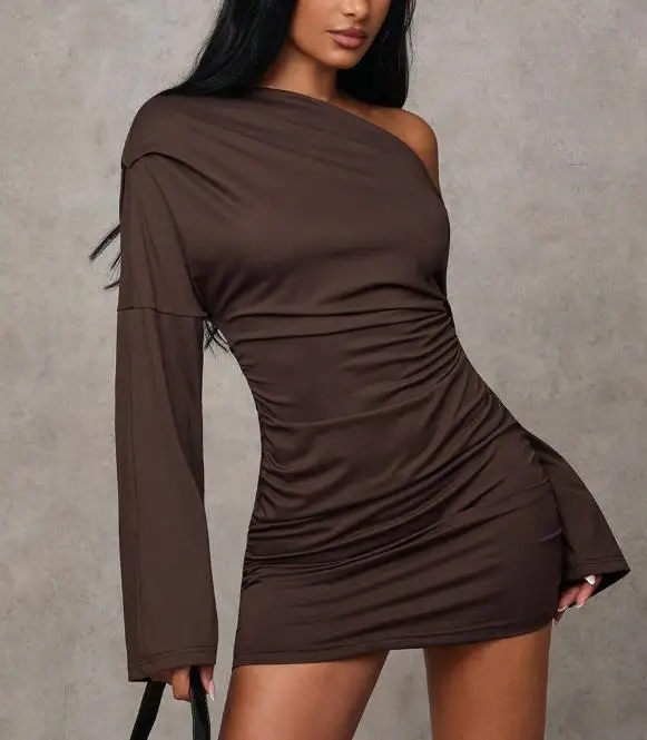 

Women Dresses 2026 Spring New Solid Color Sexy Off Shoulder Diagonal Collar Long Sleeved Slim Fit Hip Hugging Mini Dress