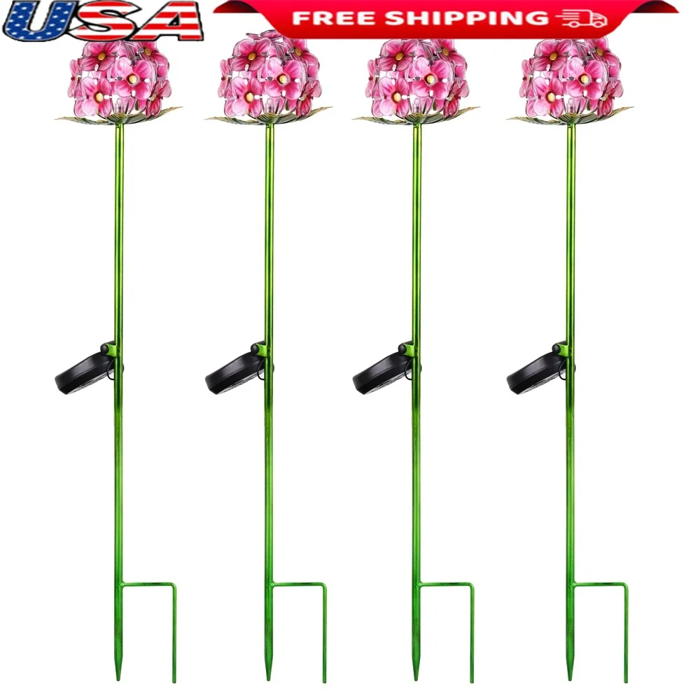 

Solar Powered Pink Hydrangea Stake Set of 4 LED Outdoor Garden Decor Weather Resistant Pathway Lighting Gift Nature Lovers