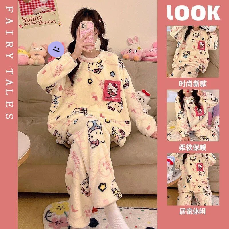 

Sanrio Hello Kitty Women's Flannel Pajamas Set Autumn Winter New Style Thickened Coral Fleece Princess Home Cozy Warm Sleepwear