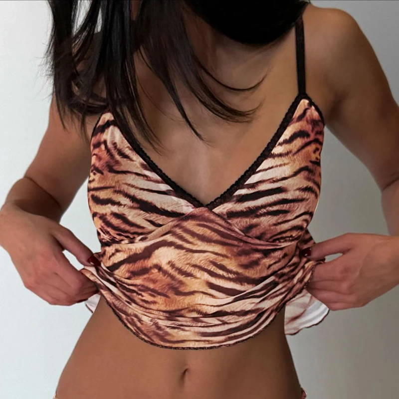 Lygens Tiger Print Spaghetti V Neck  Strap Camis Tops 2025 Summer Strapless Fashion Y2K New Korean Casual Clothes