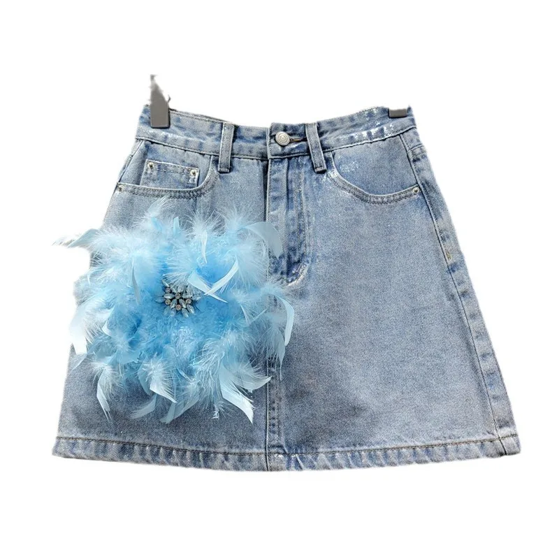 Fashionable Diamond-Embedded Feather Decorative Skirt for Women 2024 Summer New Street Style Coated Denim Skirt Mini Skirt