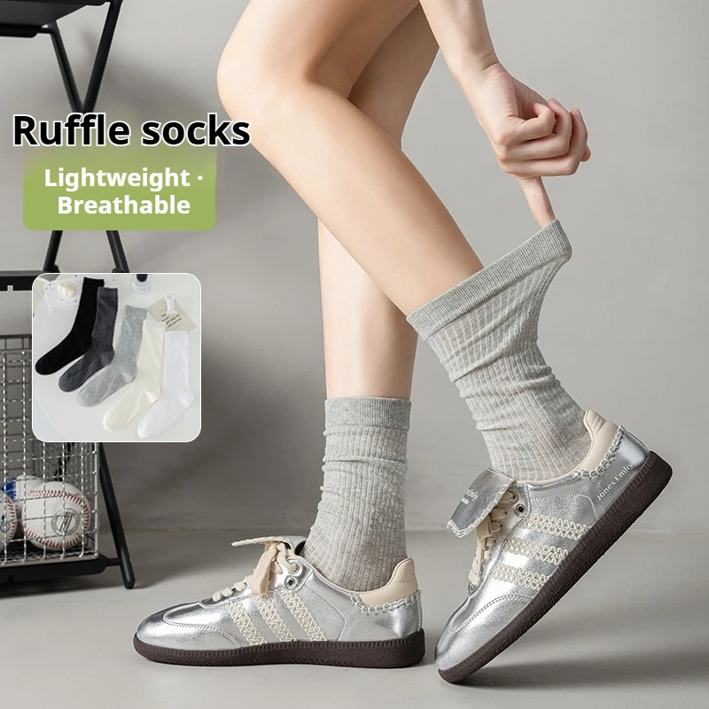 Women's Cotton Crew Socks, Thin Spring Summer Mesh Hollow Japanese Style Gray Slim Slouch Socks, Casual Daily Wear