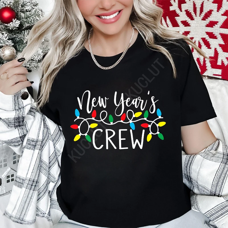 Hello 2025 Women T-shirts Happy New Year Party Gift Family Outfits Xmas Holiday Crew Tees Shirt Fashion Casual Graphic Y2k Tops