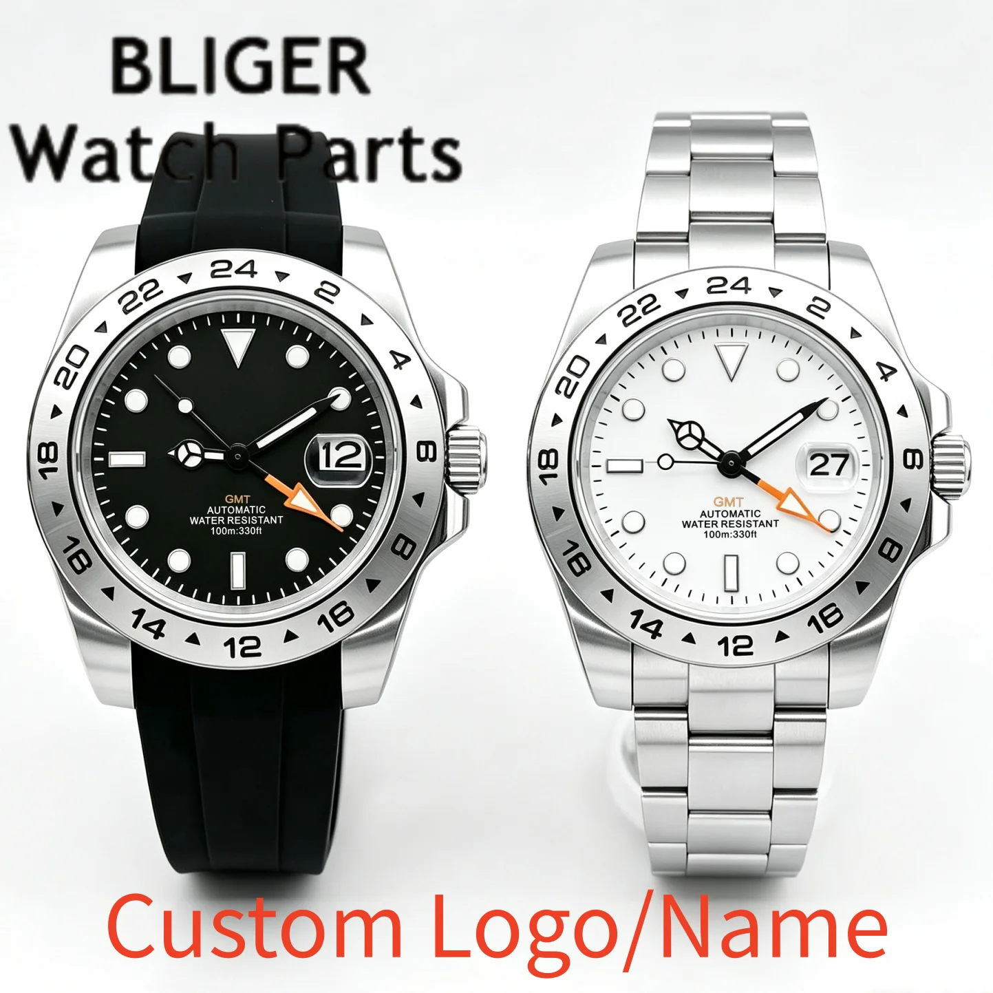 BLIGER 40mm/43mm Orange GMT Mechanical Men Wristwatch Waterproof 24Hours Fixed Bezel Sapphire Glass Luminous Steel Rubber Strap