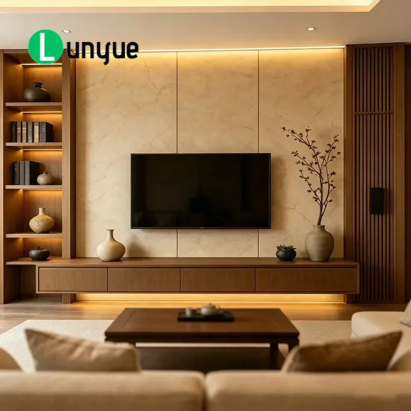 Solid Wood Floating TV Cabinet with Warm LED Lights Simple Song Style Living Room TV Stand and Coffee Table Combination