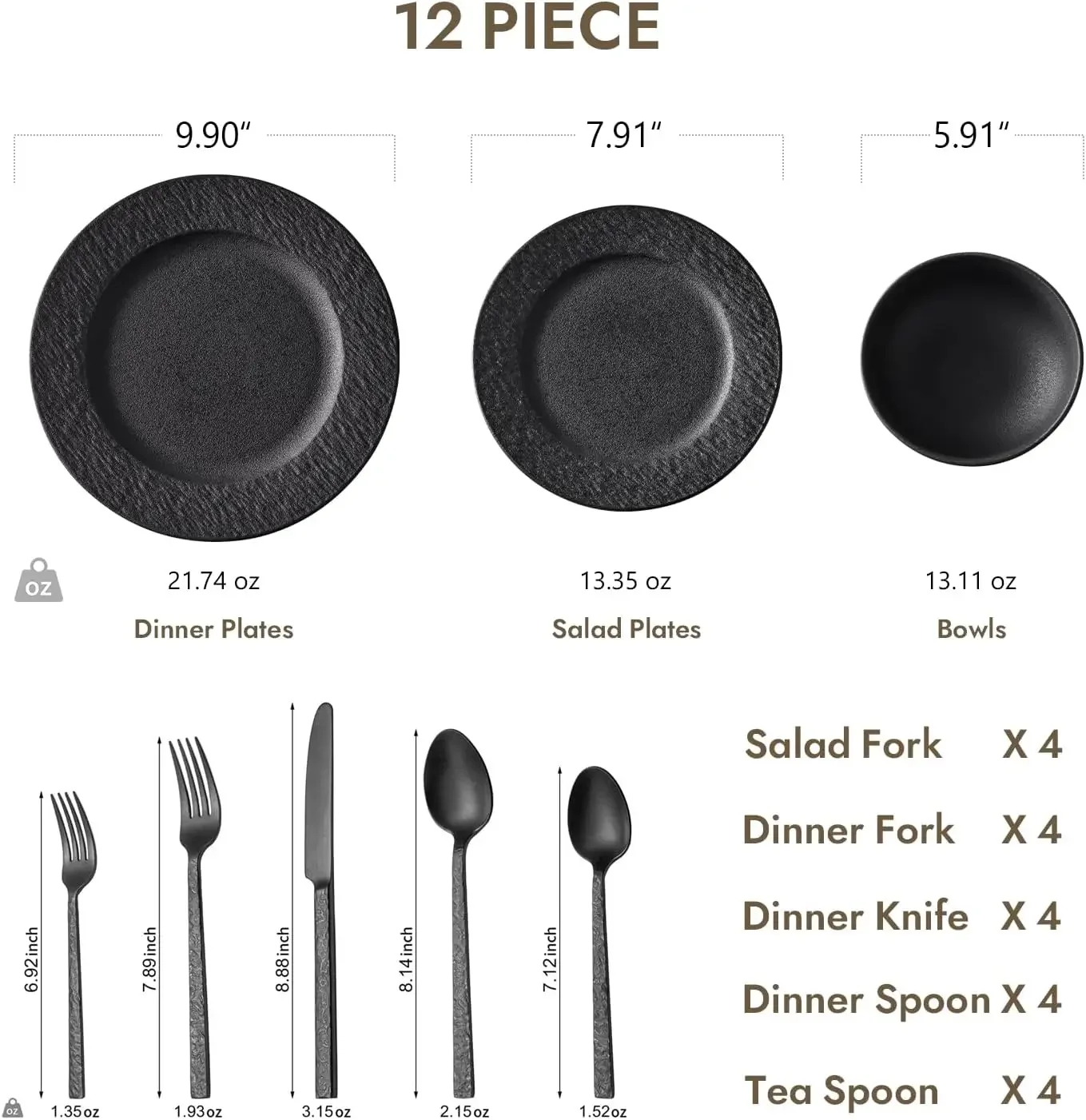 Black Dinnerware Sets with flatware, 32-Piece Matte Marble Pattern Premium Porcelain, Place Setting with Dinner Plate, Salad Pla