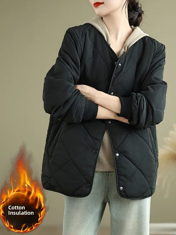 

Women's Quilted Cotton Jaet Winter Thiened Warm round Ne Lapel Versatile Outerwear Artistic Sle Long Sve Regular Fit