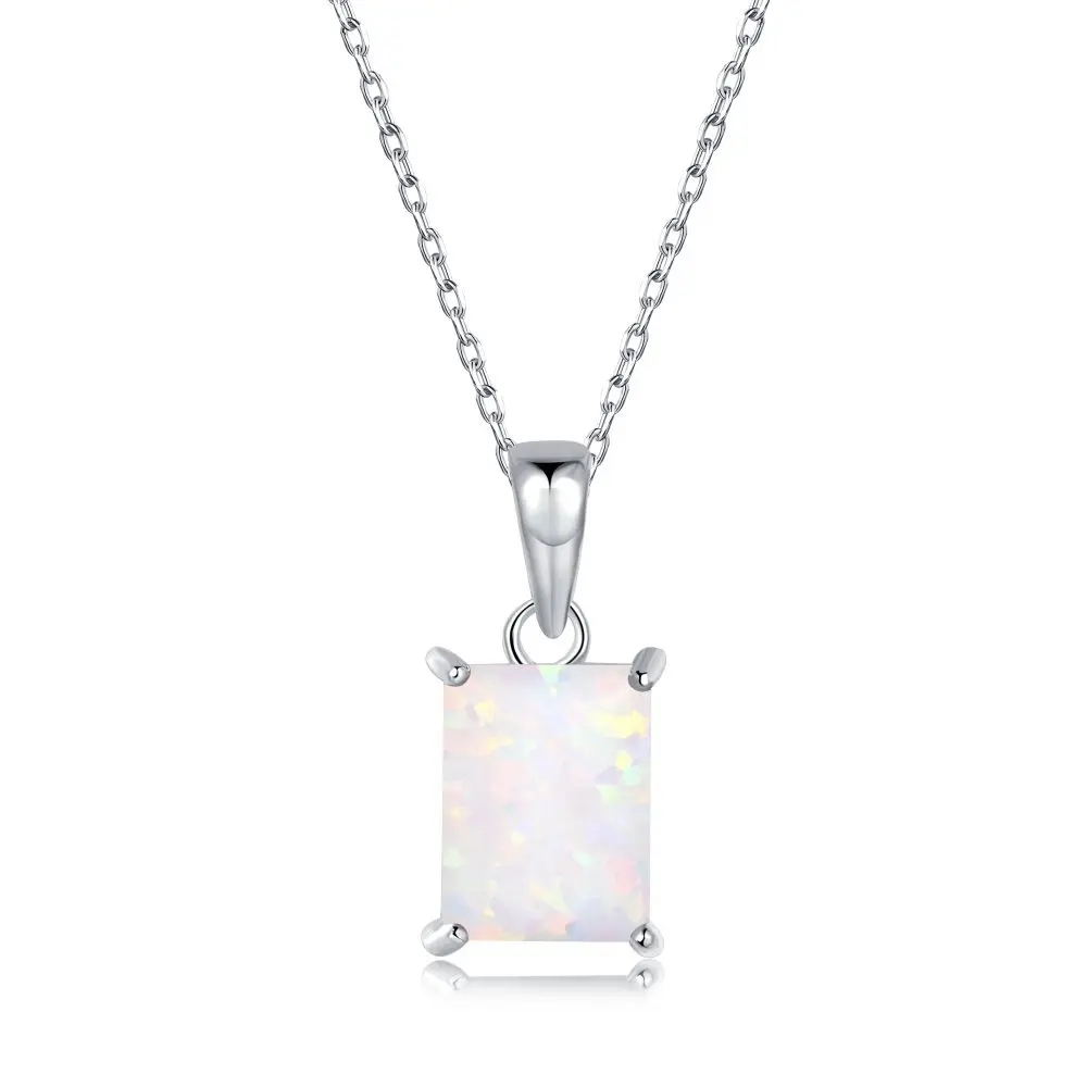 925 Sterling Silver Opal Necklace for Women with Simple and Elegant Temperament, Geometric Square Australian Treasure Pendant