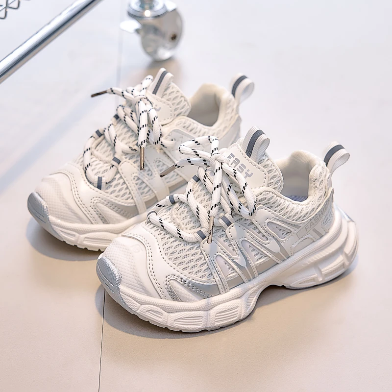 2025 Autumn New Kids Running Shoes Mesh Breathable Toes Capped Children Sneakers Non-slip Students Basketball Shoes Hook&loop