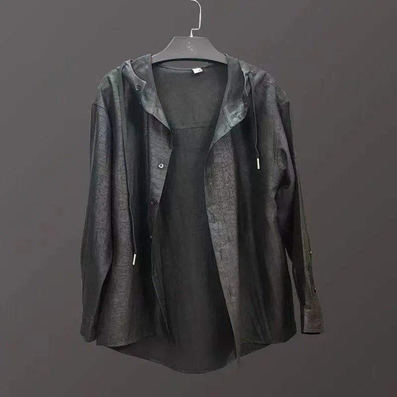Hong Kong Style Men's High-End Xiangyun Silk Long Sleeve Hooded Casual Sunscreen Shirt Outerwear Coat