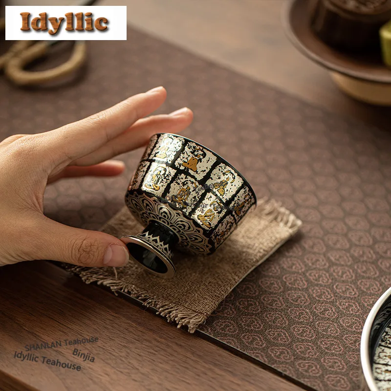 

60ml Dunhuang Gilt Silver High Foot Teacup Luxury Tea Bowl Tea Cup Set Tea-tasting Meditation Cup Chazhan Master Cups Cafes Gift