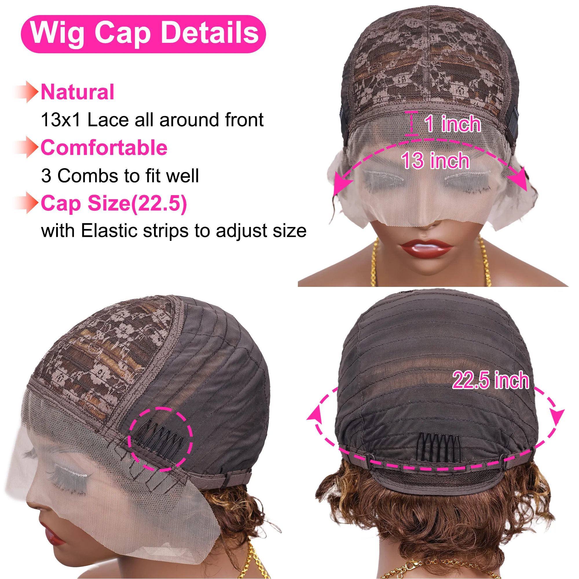 P427 Highlight Ombre Brown 13x1 Lace Front Pixie Cut Wigs 100% Human Hair Pre-Plucked Hairline Brazilian Virgin Hair Remy Hair - Image 6