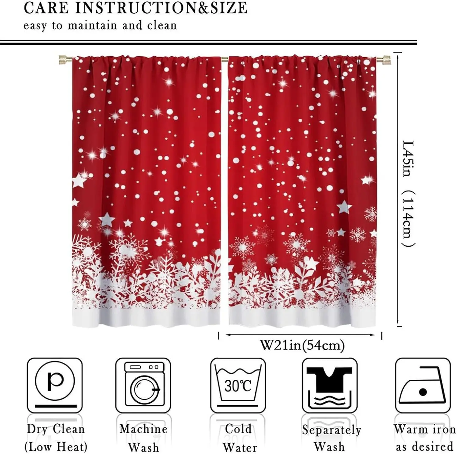 Christmas Curtains with Merry Christmas Print, Red Floral Snowflakes Design, Rod Pocket Blackout Drapes for Living Room