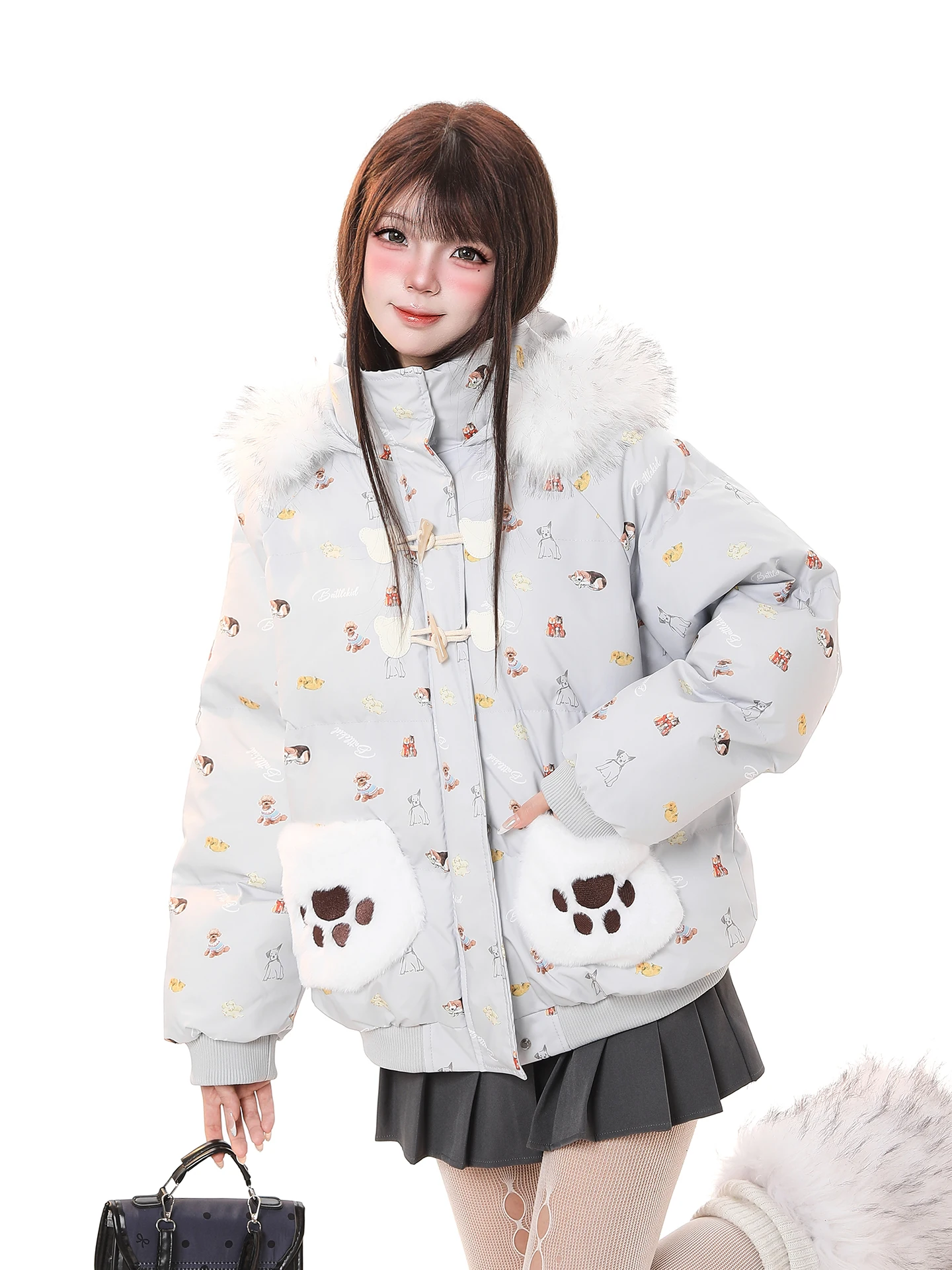 Sweet Cute Cartoon Print Hooded Thickened Cotton Jacket Women's Loose Warm Beautiful Fur Collar Cotton Coat Winter Outerwear