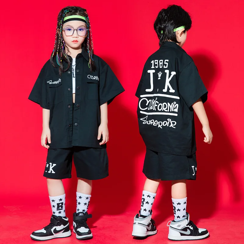 

Kid Hip Hop Clothing Black Cotton Letters Short Sleeve Shirt Top Wide Summer Shorts for Girl Boy Jazz Dance Wear Costume Clothes