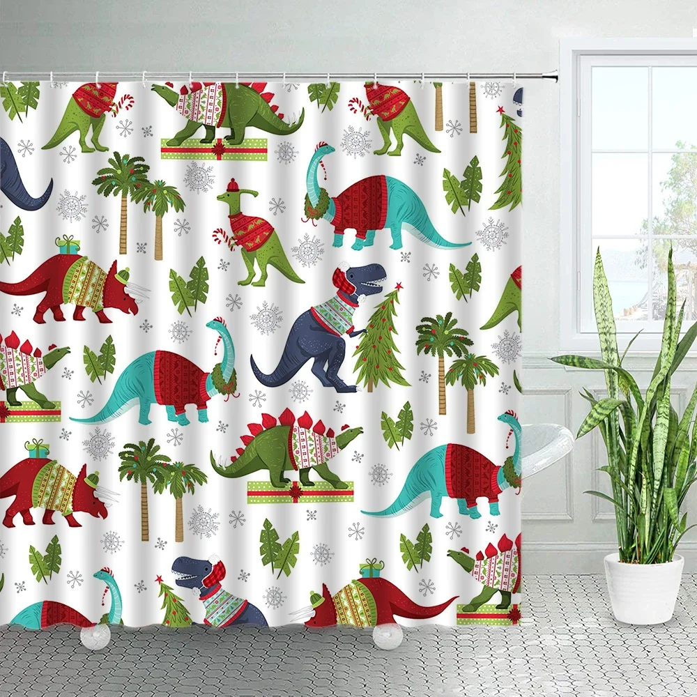 Cartoon Christmas Dinosaurs Shower Curtains Green Tropical Coconut Palm Tree Leaves Xmas Bath Curtain Cloth Bathroom Decor Hooks