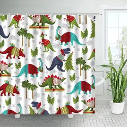 Cartoon Christmas Dinosaurs Shower Curtains Green Tropical Coconut Palm Tree Leaves Xmas Bath Curtain Cloth Bathroom Decor Hooks