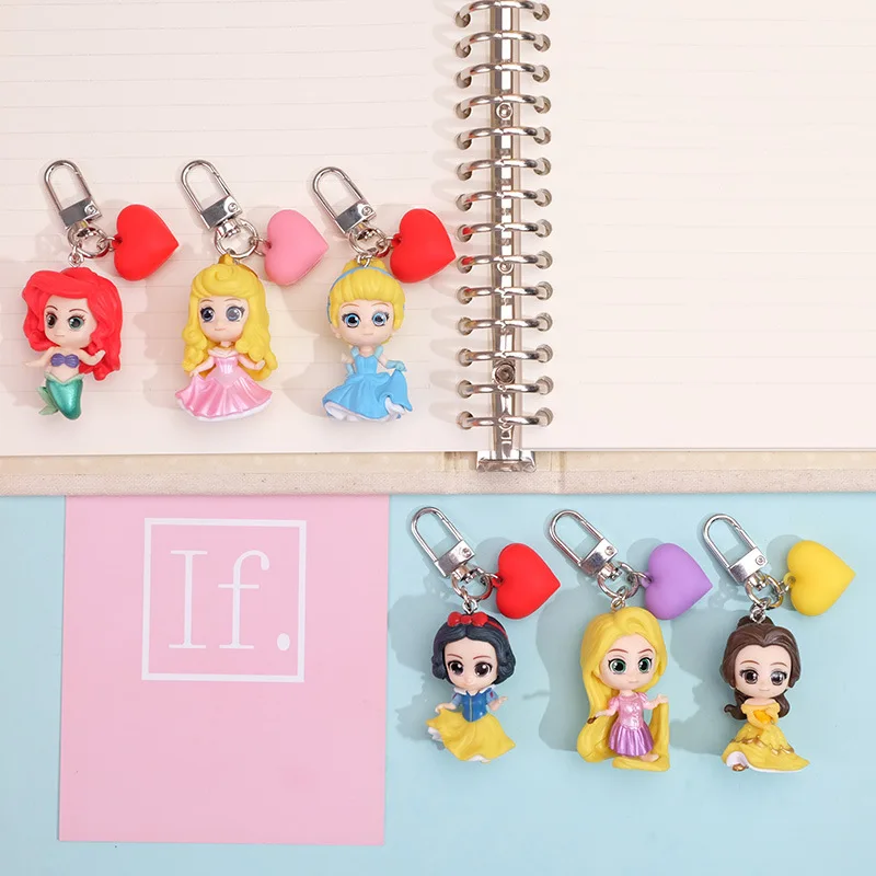 Anime Disney Princess Figure Snow White Ariel Cinderella Rapunzel Belle Keychain Bag Keyring Pendant Ornament Toy Birthday Gift