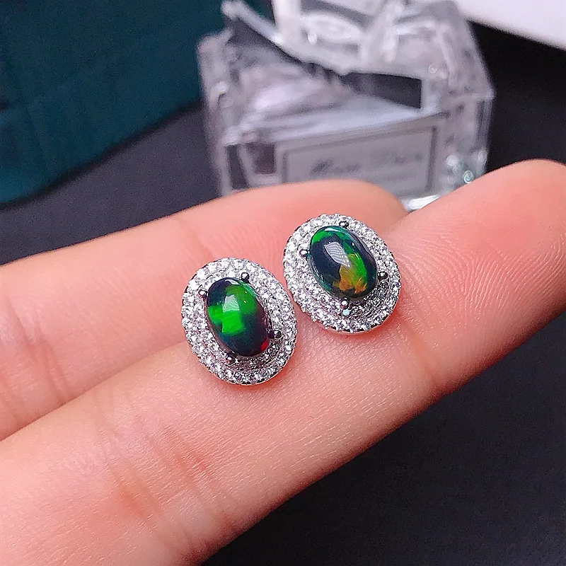 Pure Authentic 925 Sterling Silver Stud Earrings for Women Natural Black Opal with Certificate 7x5mm Elegant Fine Birthstone