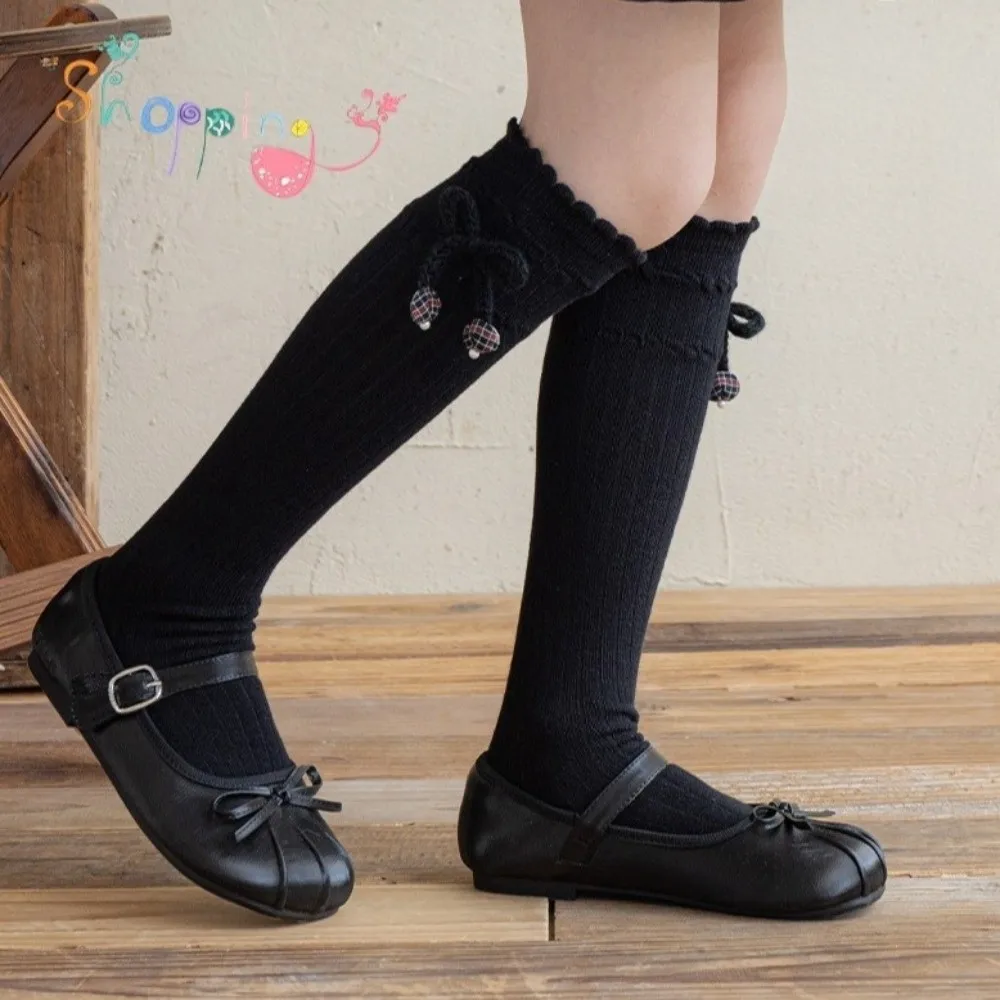 Knee High Length Knee High Socks Knitted Material Sweet Bow Uniform Socks Ruffled Cuff Calf Length Slouch Socks Academy Style