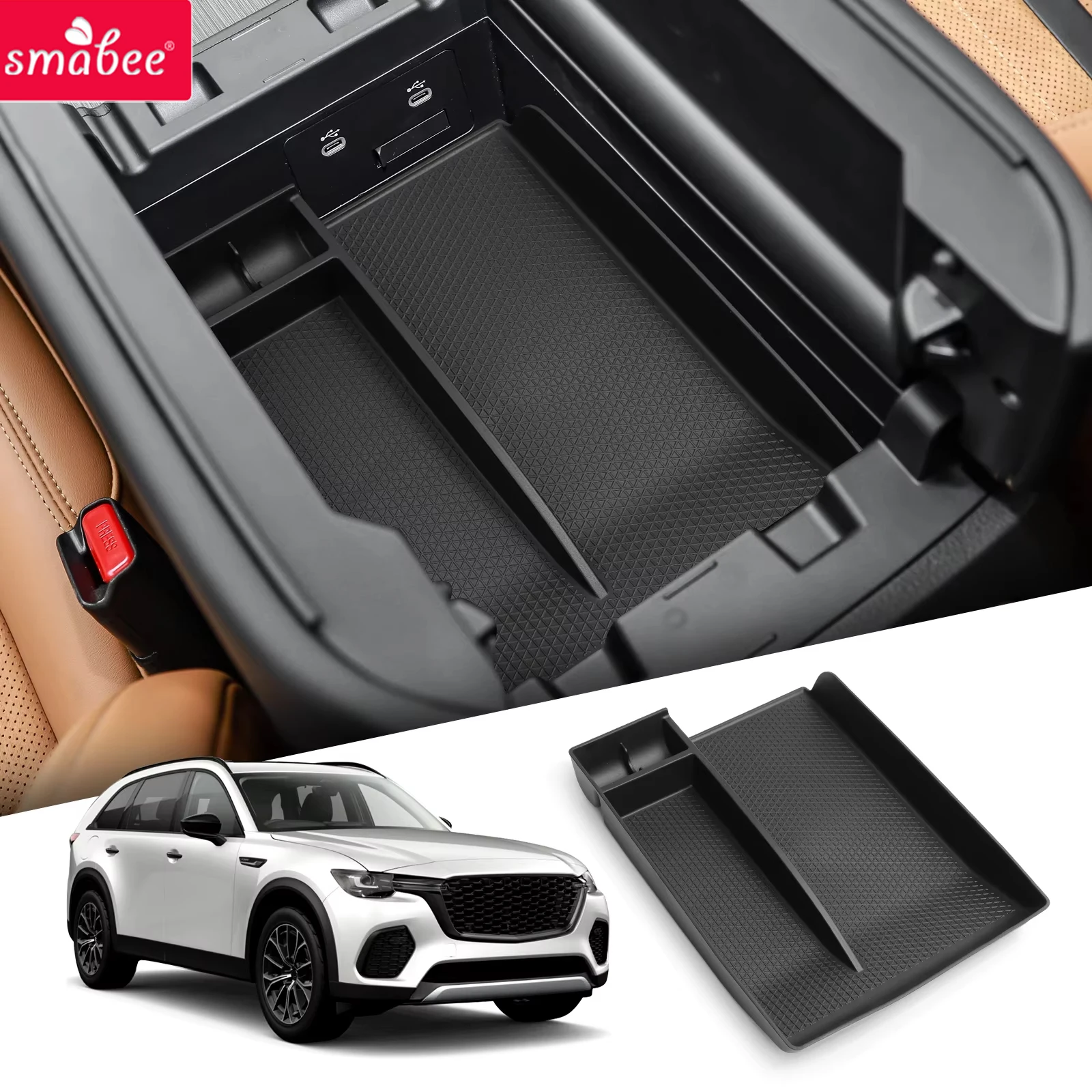 Smabee für Mazda CX-90/CX-70 CX90 CX70 2024 2025 Auto TPE Armlehnen-Aufbewahrungsbox Ablage Organizer Innenraum-Zubehör Ordnungssystem Schwarz