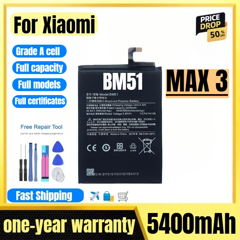 

BM51 for Xiaomi MAX 3 Mobile Phone Battery High Quality High Capacity Battery Replacement Bateria Grade A Cell with Tools