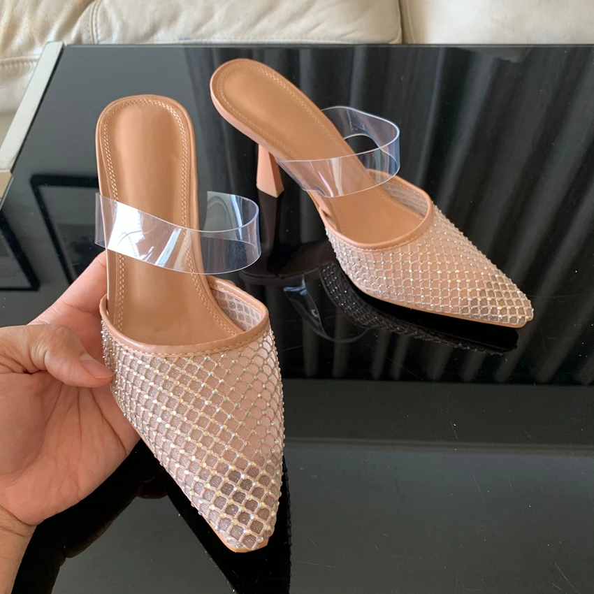 Luxury Woman Sandal Sexy Rhinestones Mesh Pointed Toe Slingback Brand Elegant Party High Heels Shoes for Lady Summer Footwear