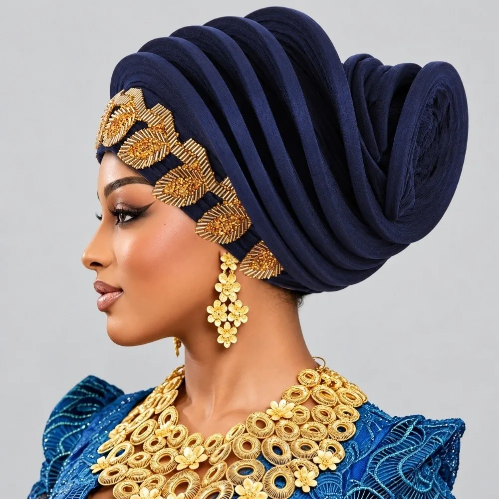 Chic Shiny African Gele Headwrap Leaf Polyester Yoruba Turban Hat Pre-tied Gold Embellished Traditional Headpiece Daily