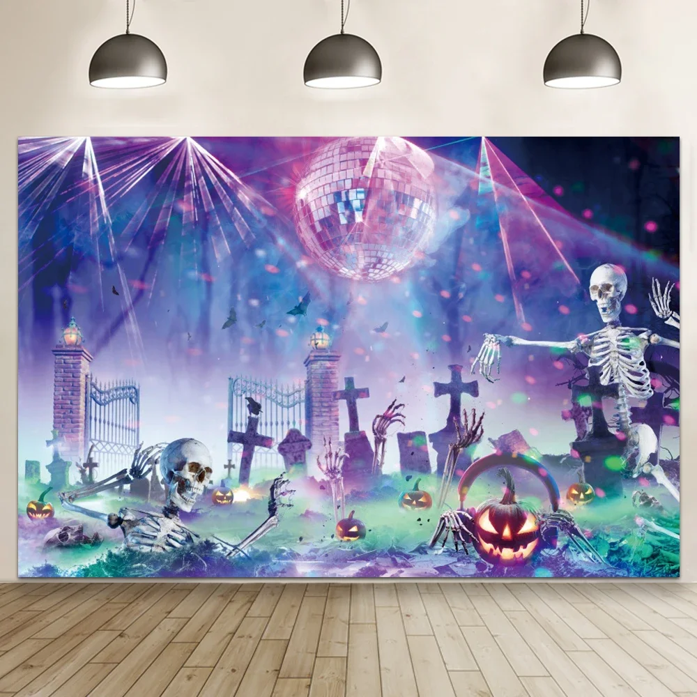 Halloween Eve Photography Backgrounds Night Castle Moon Pumpkin Lights Skeleton Family Party Photozone Horror Theme Backdrop