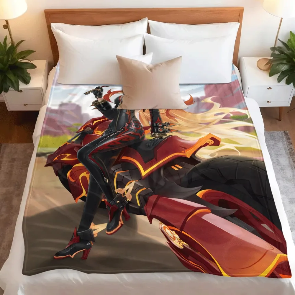Flannel Throw Blanket Mavuika Anime Red Long Hair Girl On Motorcycle Print Soft Warm Lightweight Sofa Bed Blanket Home Decor