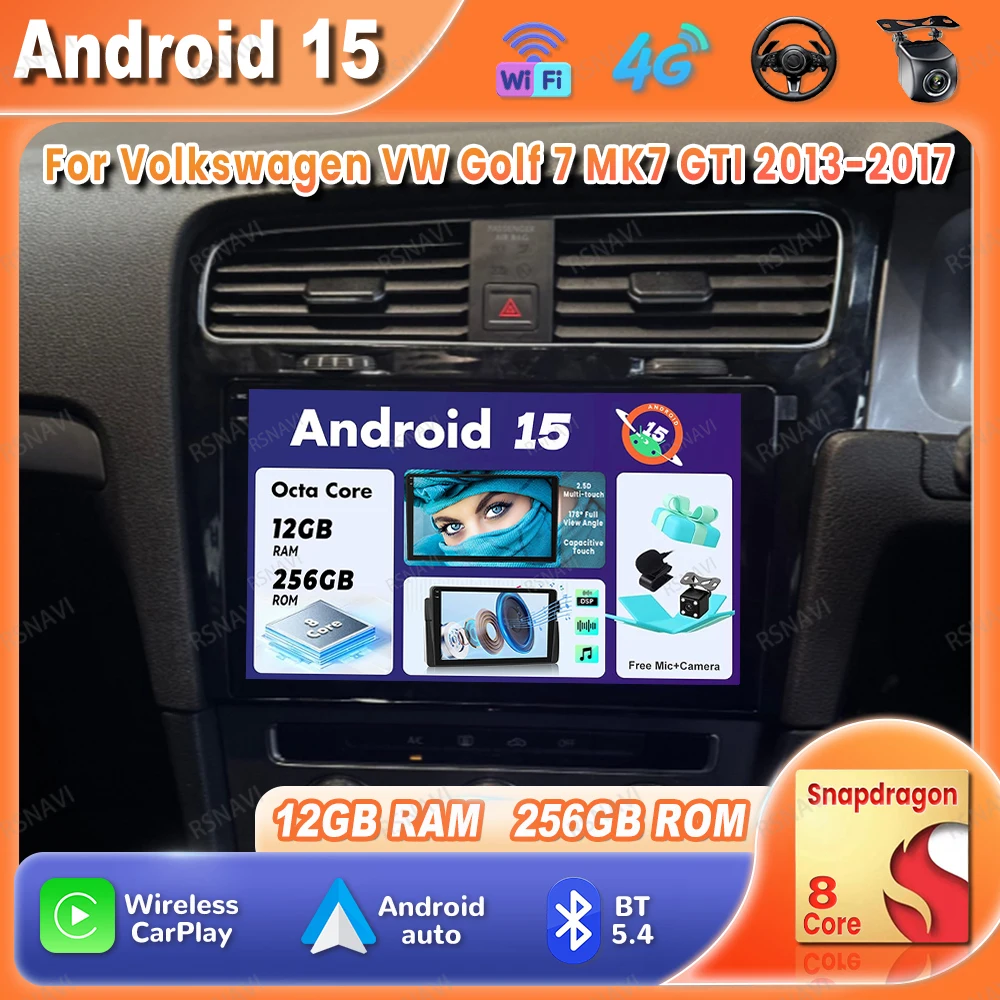 

Car Radio Android 15 For Volkswagen VW Golf 7 MK7 GTI 2013-2017 5G WIFI Autoradio Head Unit Navigation Qualcomm BT GPS QLED DVD