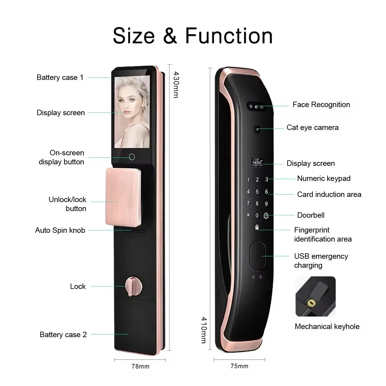 Dual Lithium-ion Battery Electronic Mortise Tuya WIFI Face Recognition Smart Door Lock with Camera