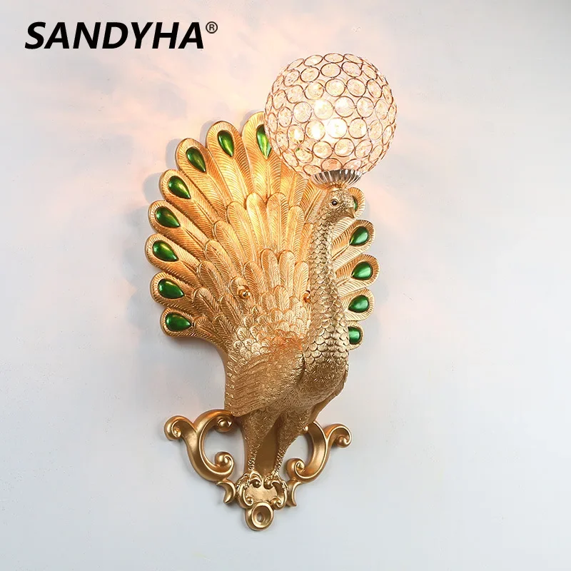 

SANDYHA European Retro Peacock Design LED Wall Lamp Indoor Lighting for Living Room Aisle Bedroom Study Decorative Fixtures