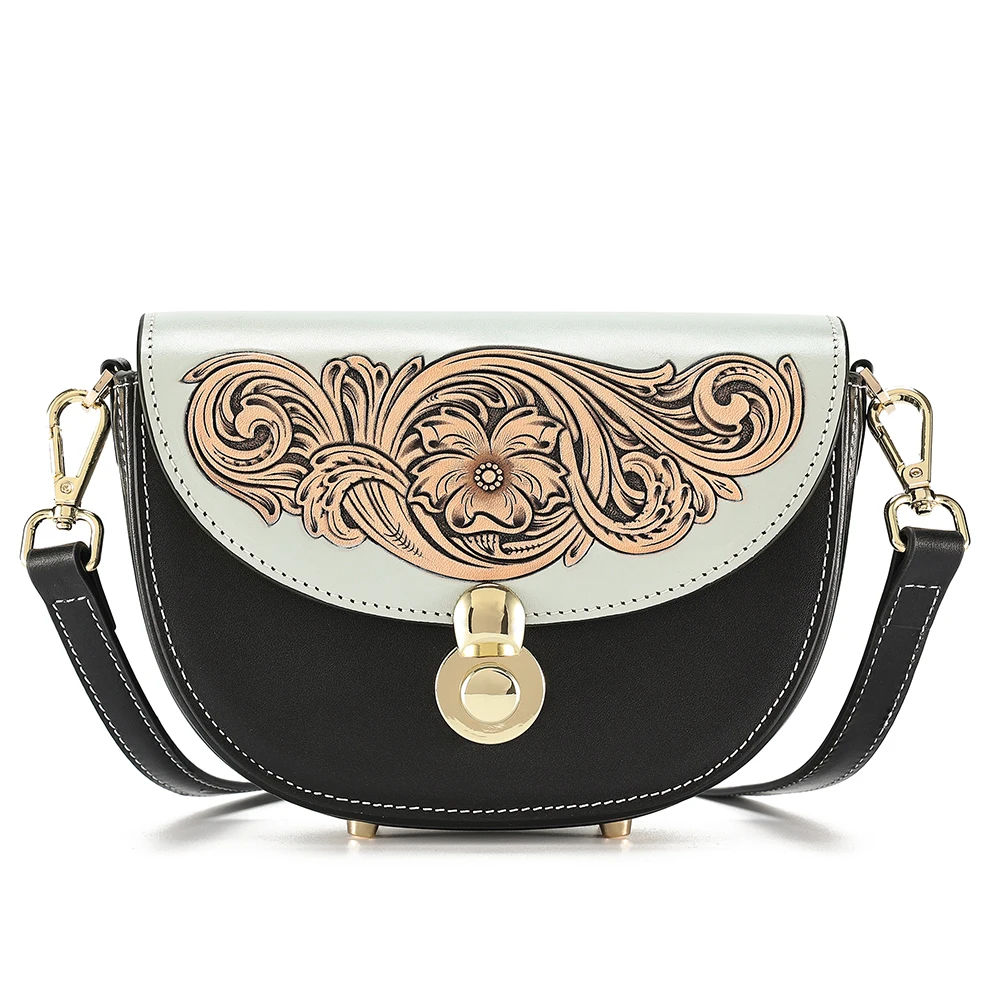 Vegetable tanned leather carved women's shoulder bag fashionable crossbody bag niche design retro saddle bag  for women