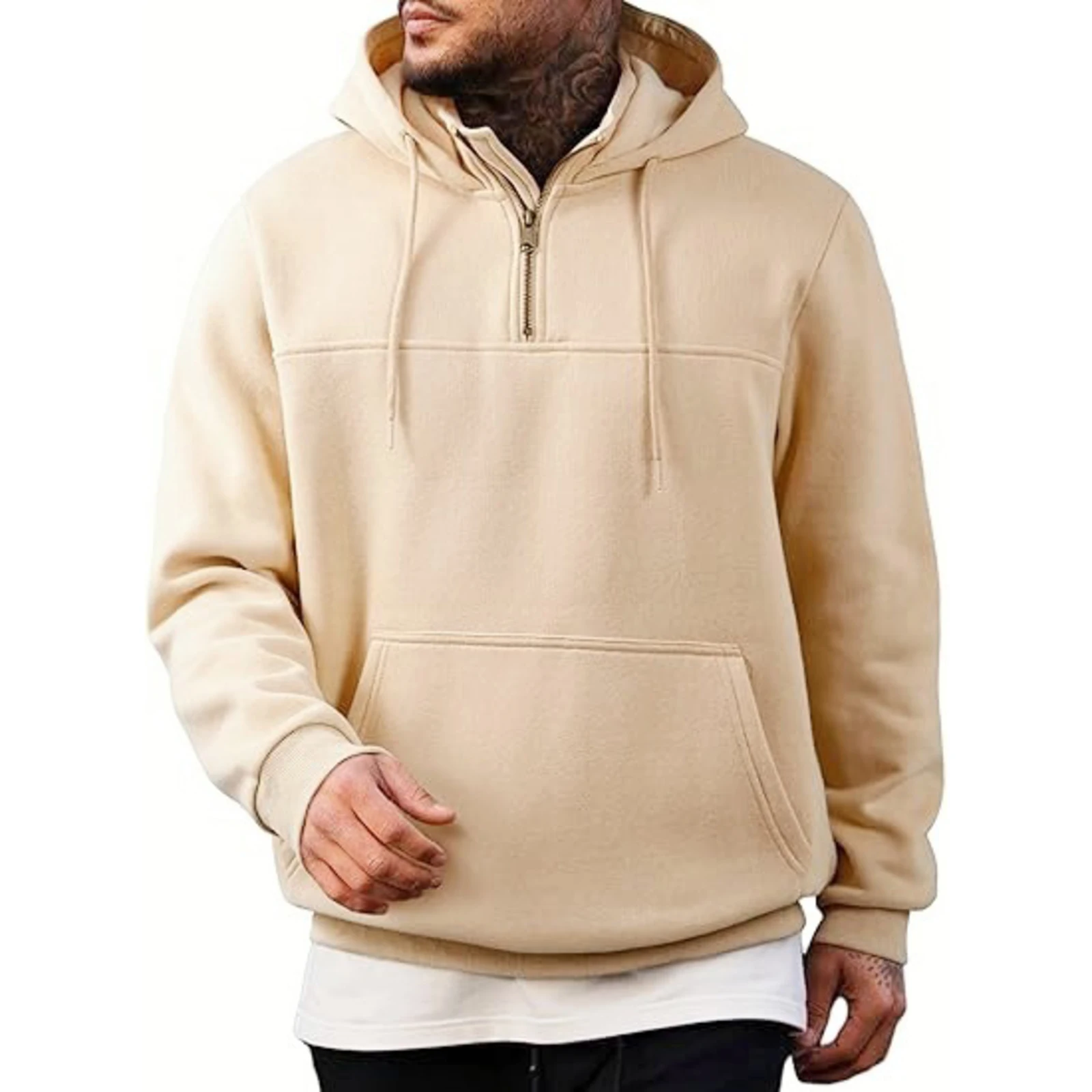 Sudadera con capucha de lana informal para hombre, jersey holgado de felpa de Color sólido, media cremallera con bolsillo, chaqueta deportiva para hombre, invierno