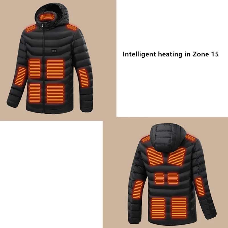 New Men Winter 15 Zone Intelligent Heating Hooded Cotton Jacket Versatile Dual Control Heating Electric Warm Coat(No Power Bank)