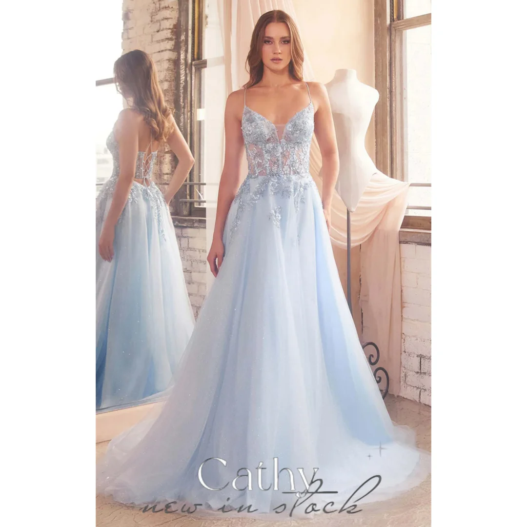 Cathy Sky Blue Lace Appliques Prom Dressess A-line Tulle Vestidos De Noche Elegant Spaghetti Strap Sleeveless Cocktail Party