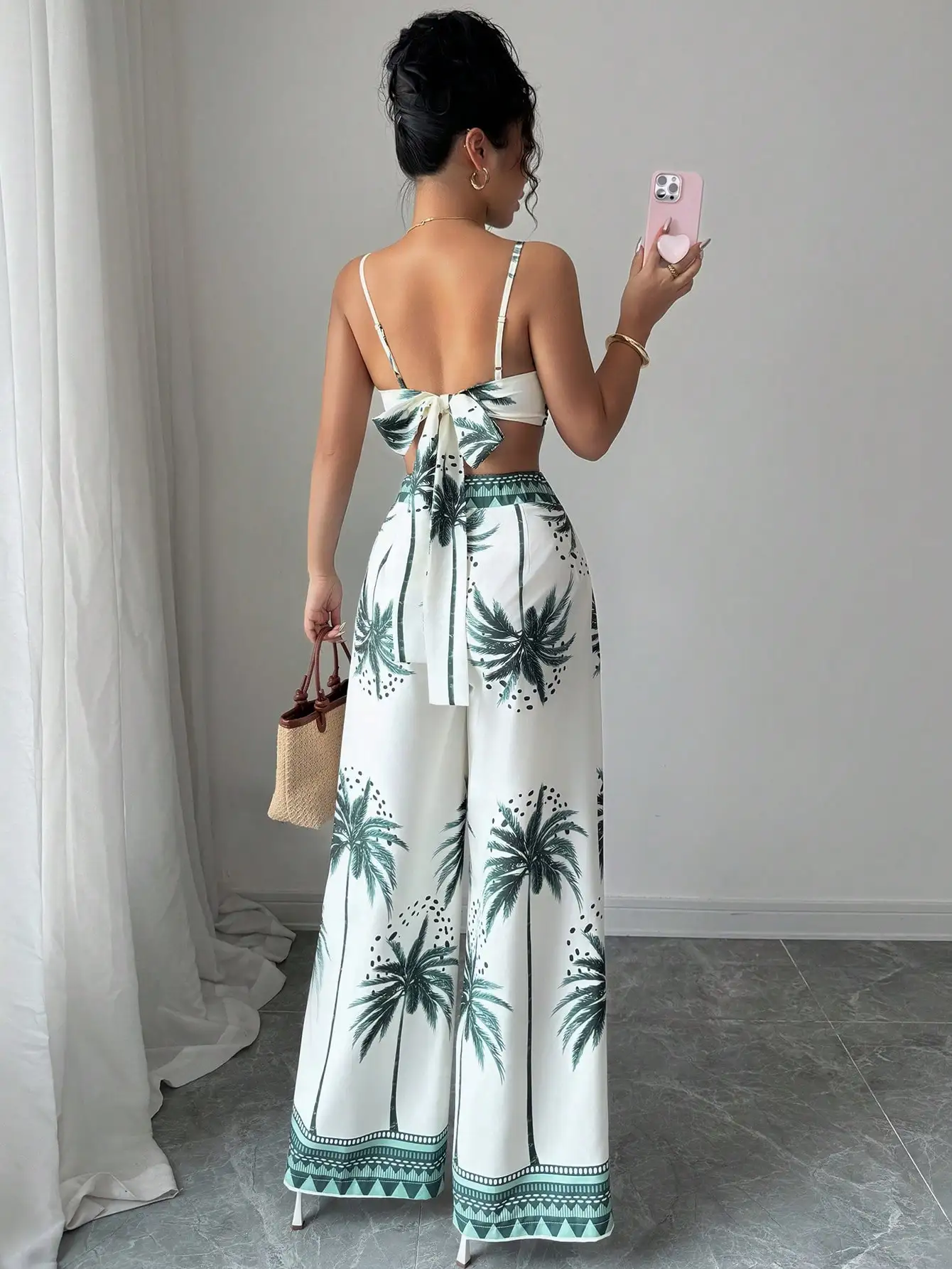 Women's Tropical Palm Print Two Piece Set with High Waisted Wide Leg Pants & Strappy Crop Top for Summer Vacation