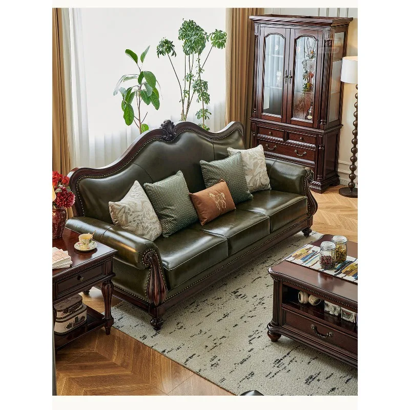 American sofa all solid wood gold silk teak oil wax leather sofa living room 123 people combination, tree god furniture
