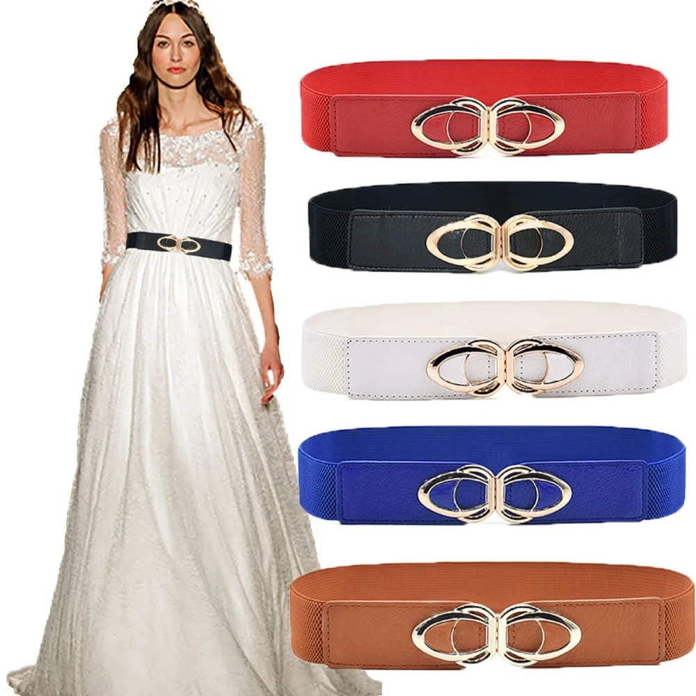 

Useful Metal Buckle Elastic Wide Belts Solid Color Comfortable Dress Belt Waist Defining Women Elastic Belt Coat Accessories