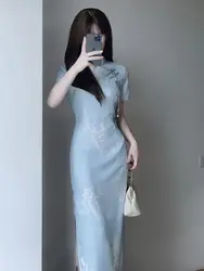 2023 Zomer Cheongsam Verbeterde Elegante Qipao Dagelijkse Slim Fit Blauwe Zachte Comfortabele Qipao Lange Vintage Jurk