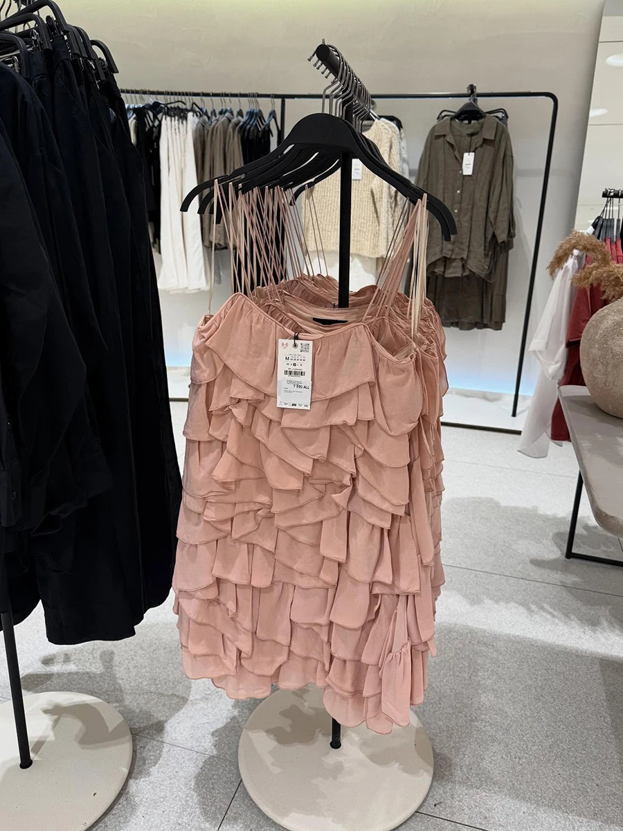 

Solid Ruffle Tiered Mini Dress Women Summer Chic Simple Sleeveless A-line Suspender Vestidos Sweet Casual Fashion Short Dresses