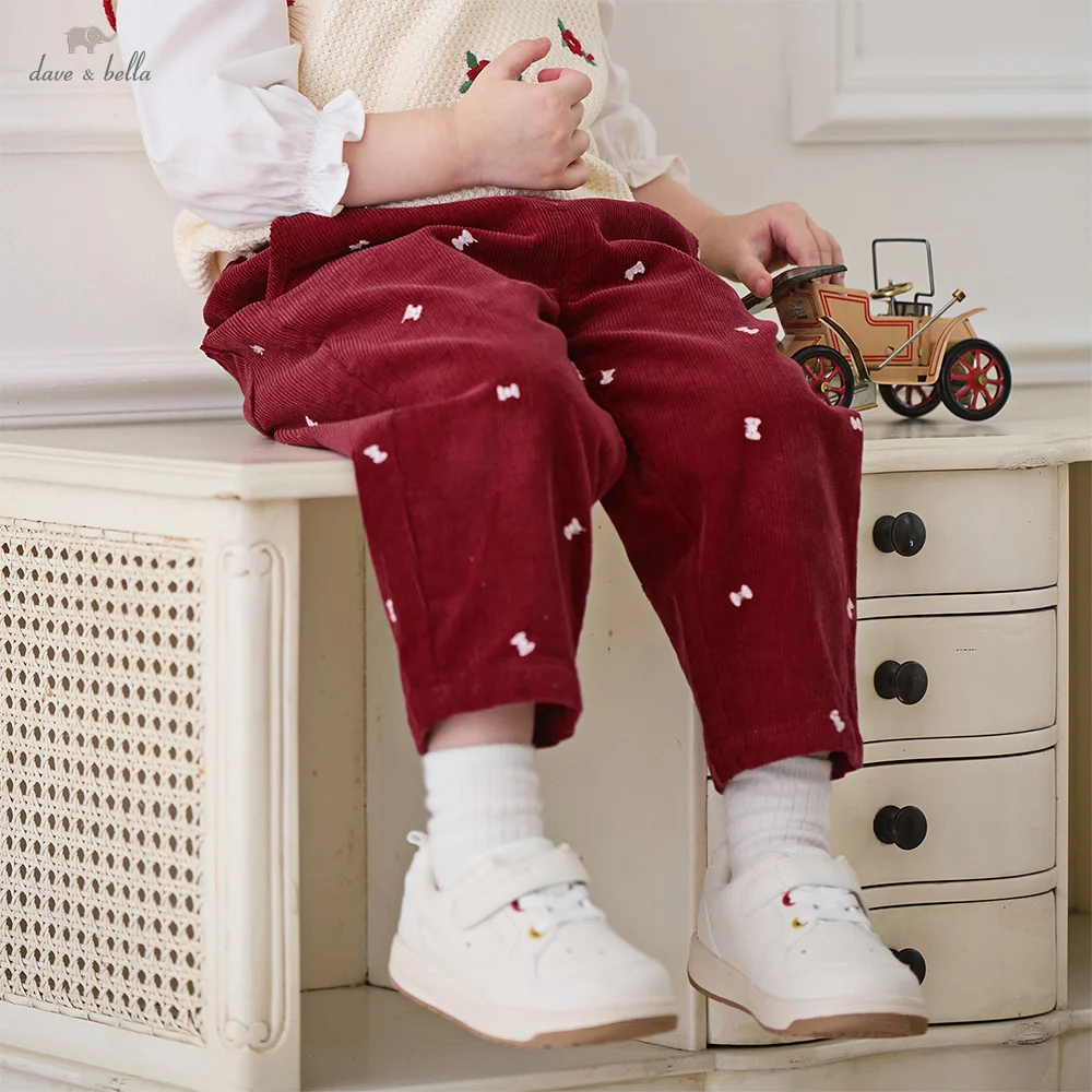 

Dave Bella Girls Pants Autumn Winter Loose Elastic Baby Cotton Trousers Children Casual Embroidered Bow Kids Clothing DB3241906