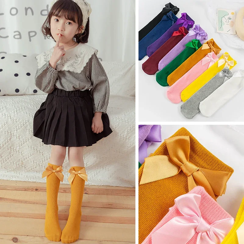 3-12 Years Summer Candy Color Bow Solid Color Tube Socks Children's Cotton Mosquito-proof Student Dancing Cute Socks view 2