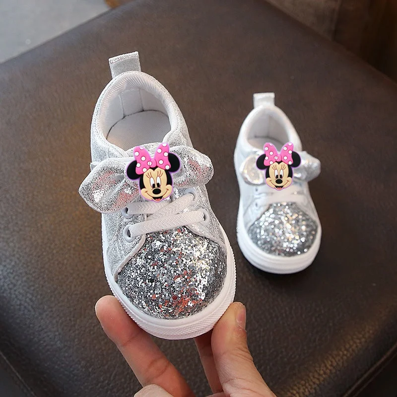 

Детские кроссовки с Микки Маусом, весна-осень, новая повседневная обувь для девочек, корейские туфли с блестками, мягкая подошва, детские первые ходунки