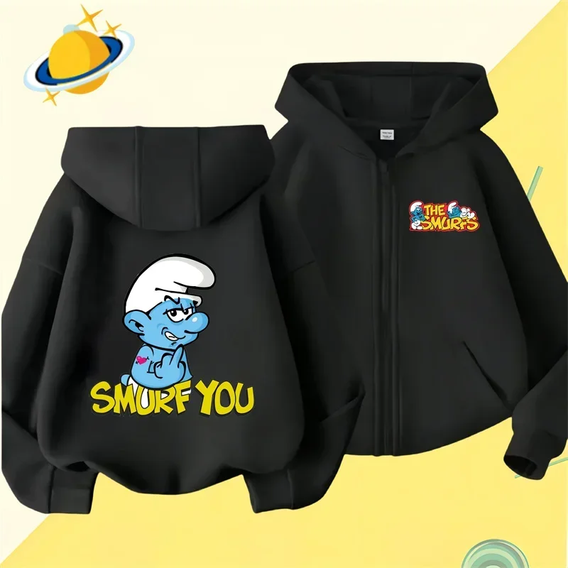 Anime Smurfs new pin zipper hoodie Boys girls sweatshirt autumn and winter long-sleeved Harajuku jumper casual hoodie top