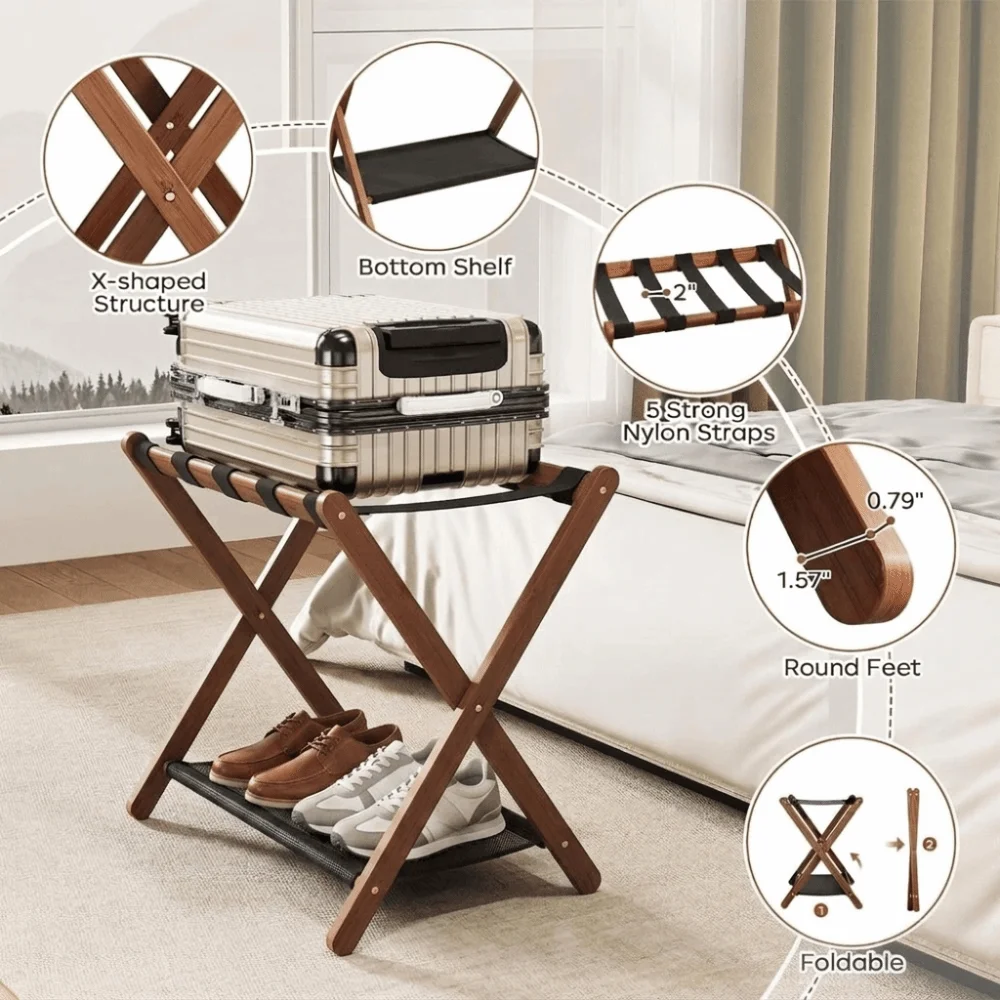 Bamboo Luggage Storage Rack 2-Tier Portable Foldable Storage Rack Multi-Purpose Space Saving baggage holder Living Area