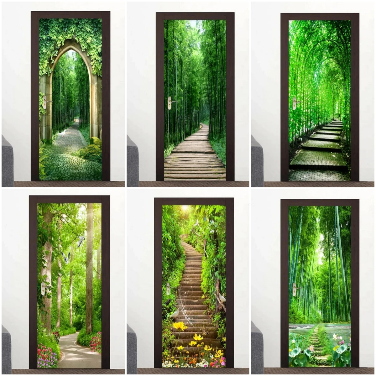 

3D Wall Door Sticker Green Forest Path Natural Landscape Living Room Study Home Decor Wallpaper PVC Self-Adhesive Door Decal