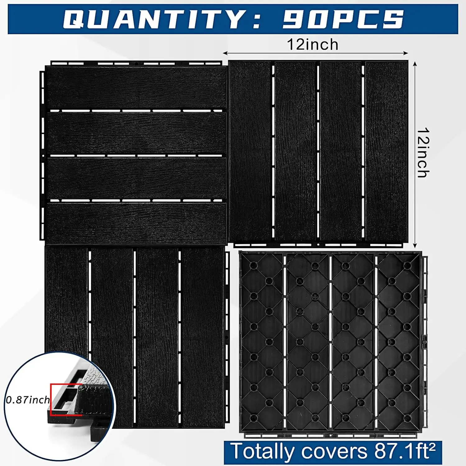 90 Pcs Plastic Interlocking Deck Tiles 12 x 12 Inch Patio Deck Tiles Waterproof Outdoor Flooring Composite Decking (Black)